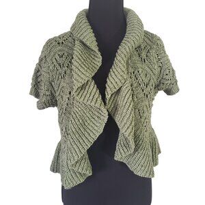 Dressbarn Green Short Sleeve Knit Waterfall Open Front Cardigan Size‎ L Y2K Boho